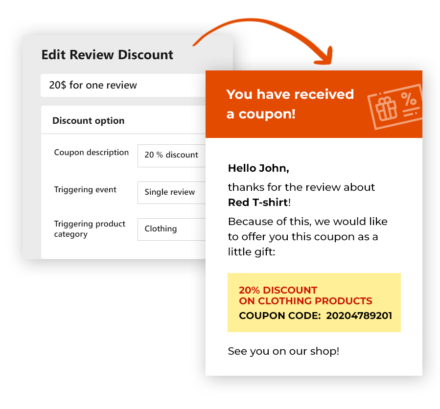 Increase your review numbers and engage your customers by asking them to leave a review and give them a coupon for your shop in return.